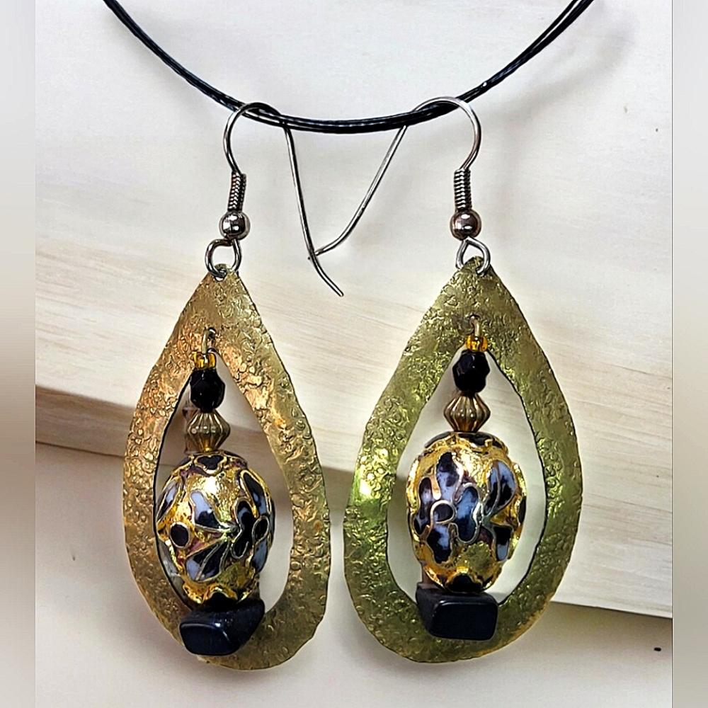 Vintage Cloisonne & Black Onyx Brass Dangle Hook Earrings